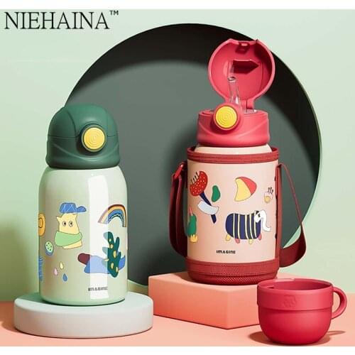 316 Stainless Steel Cute ChildrenS Vacuum Flask With Straws And Two Water Cups Pupils Drop-Proof Water Bottle