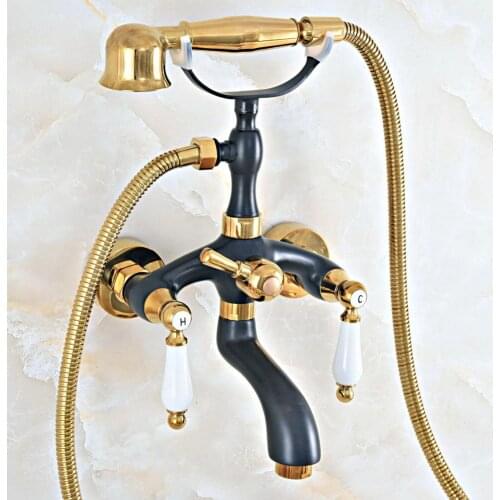 Oil Rubbed & Gold Brass Two Handle Wall Mounted Bathroom Bath Tub Faucet Set with 150CM Hand Held Shower Spray Mixer Tap 2na435