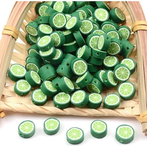 30pcs/Lot Dark Green Lemon Chips Fruit Polymer Clay Beads Loose Spacer Beads For Jewelry Making DIY Bracelet Accessories