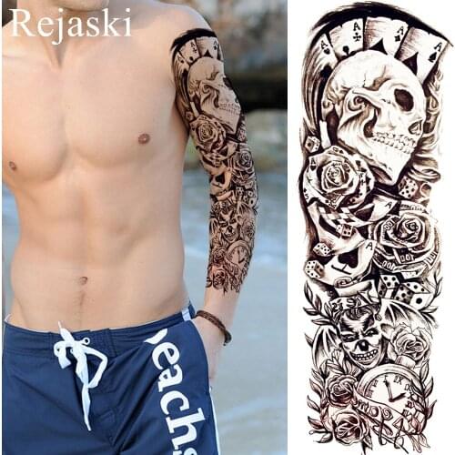 Black Ghost Flower Leaf Temporary Tattoo Stickers Women Party Full Arm Waterproof Tattoo Men Shoulder Joker Fake Tatoo Leg Clock