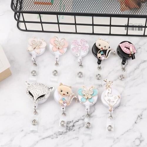 1PC Animal Fox Butterfly Elk Rhinestones Retractable Badge Holder Reel Pull Buckle D Name Card Anti-Lost Clip Key Ring Lanyards