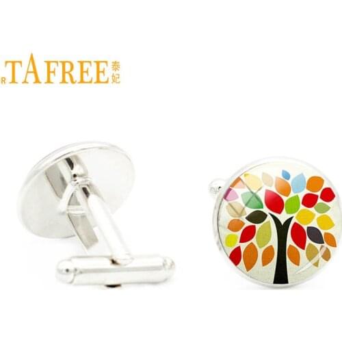 TAFREE Yellow Red Tree Colourful Flower Art Oil Painting Cufflinks Men Fashion Cuff links Glass Cabochon Handmade Jewelry A344