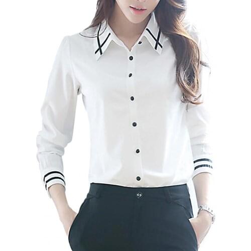 Women Elegant Long Sleeves Single-breasted Turn Down Collar Slim Striped Shirt