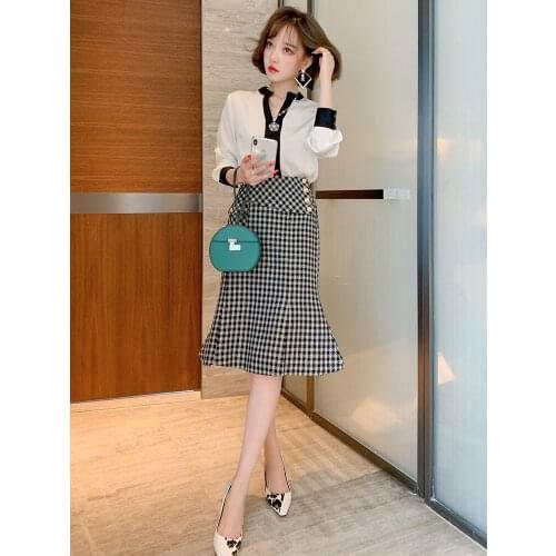 Feminine high waist slim bag hip elegant temperament fishtail plaid skirt womens 2020 autumn new