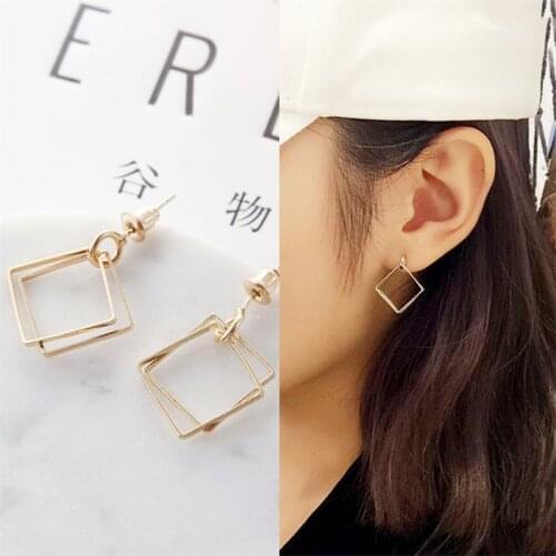 E963 Vintage Long Drop Earrings for Women 2020 Fashion Jewelry Korean Double Square Metal Geometric Gold Hanging Dangle Earring