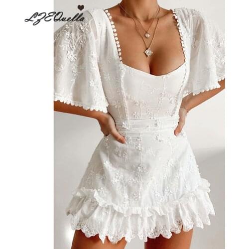 LZEQuella Women Flare Sleeve High Waist Lace White Dress Summer Fashion Sexy Backless Ruffles Square Collar Dresses Vestidos