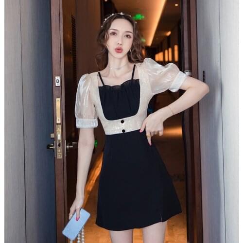 Women One Piece Korea Dress Summer 2021 Office Lady Short Sleeve Patchwork Solid Lace Puff Sleeve Square Collar Zipper Dresses