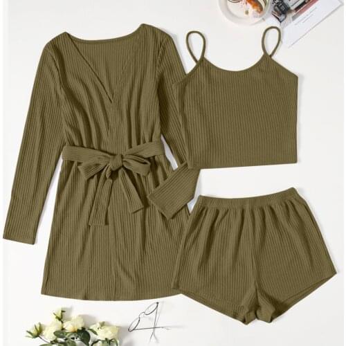 Womens pajamas Plus Size Solid Sexy Lingerie 3pack Rib-knit Lounge Set Bathrobe Sleepwear Underwear conjuntos de pijama E3