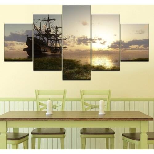 5 Panel Wall Art Fantasy Ship Sail Boat In Lake Sunset Prints modern Modular Poster art Canvas painting for Living Room Decor