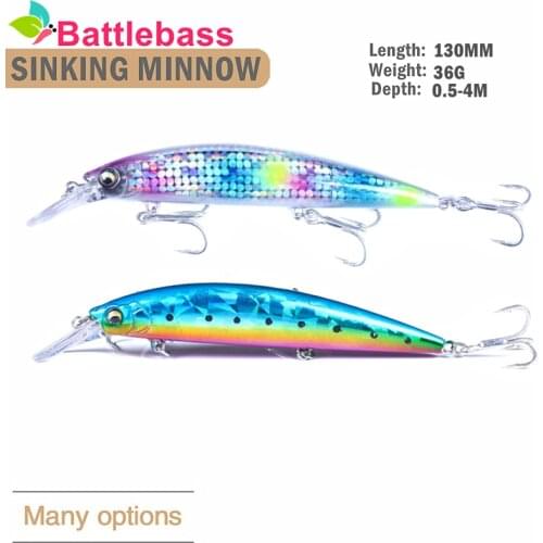 BATTLEBASS 2021 NEW BAM209 SINKING Minnow 130mm 36g Long Casting Seabass Jerkbait Saltwater Big Hard Bait Wobbler