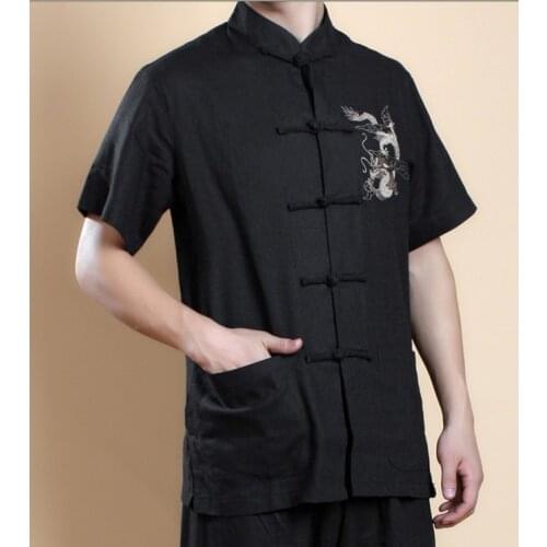 Black Chinese Mens Wing Chun Kung Fu Shirt Top Short-Sleeve Tang Suit Vintage Embroidery Garment Size S M L XL XXL XXXL MS022