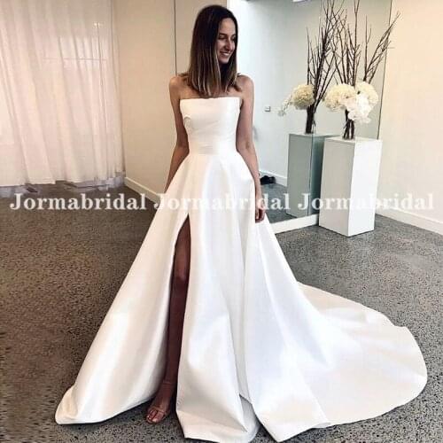 White Satin Front High Slit Wedding Dresses Strapless A-Line Chapel Train Tall Bridal Dress Corset Summer Beach Wedding Gowns