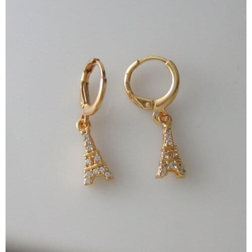 Foromance/ NEW DANGLE 1" - YELLOW GOLD GP MICRO INSERT ZIRCON STONE Eiffel Tower WIDTH 6MM DANGLER EARRING