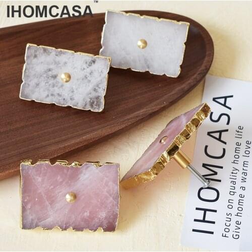 IHOMCASA Natural Crystal +Brass Door Knobs Kitchen Cupboard Shoe Cabinet Furniture Handles Copper Dresser Drawer Pulls Knob Gold