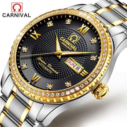 Carnival Automatic Mechanical Mens Watches Casual Business Waterproof Watch Full Steel Wristwatch relogio masculino Luminous