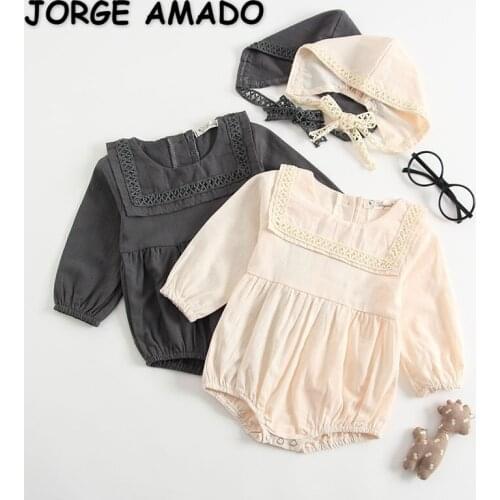 2021 New Autumn Baby Girls Bodysuit Grey Beige Long Puff Sleeves Cotton Jumpsuit with Cute Cap Kids Outfits 0-3 Years E308