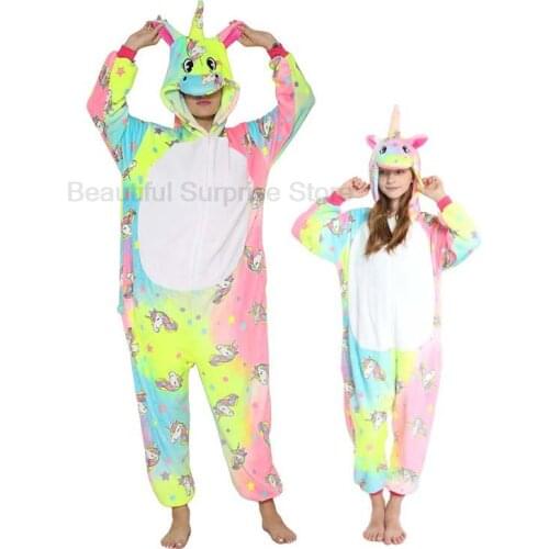 Family Costunes Cartoon Rainbow Unicornio Kigurumi Overalls for Boys Girls Women Men Pajamas Onesie One Piece Jumpsuits Cosplay