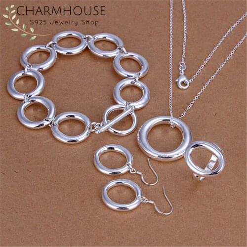 Charmhouse Silver 925 Jewelry Sets For Women O Shape Cuff Bangle Bracelet Necklace Ring Earrings 4 pcs Costume Jewelry Bijoux