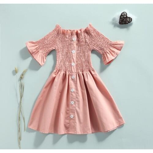 Fashion Kids Summer Dress Shirring Stretch Boat-Neck Short Sleeves Buttons Casual Dress for Girls 2-7 Years