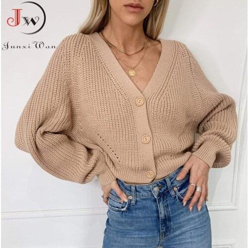 Fashion Antumn Cardigan Women Winter 2020 Long Sleeve V Neck Oversized Knitted Sweater Solid Casual Knitwear Short Coat Pull Top