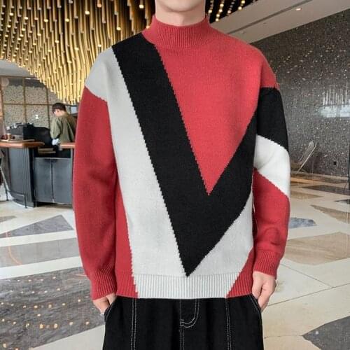 Men Sweater Korean Fashion Streetwear Sweater Geometric Pattern Long Sleeve Pullovers Mock Neck Men Autumn Clothes Trends Tops