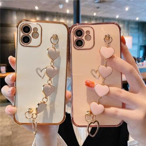 Luxury Plating Love heart chain Wrist Bracelet soft case for iphone 12 Pro Max MiNi 11 pro max X XS XR 7 8 Plus SE 2020 Cover