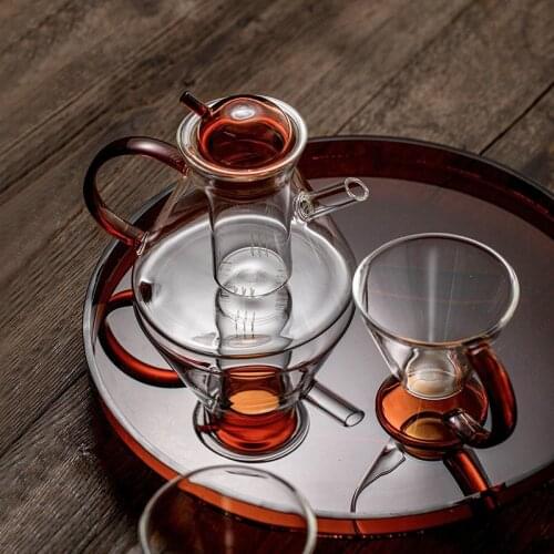 Ins Retro Teapot With Amber Color Handle And Filter Borosilicate Glass Kettles Kungfu Flower Tea Cup Breakfast Milk Coffee Mugs
