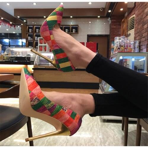 Original Intention Multicolor Grids Pumps Woman Shallow Pointed Toe Stiletto Extrem High Heel Elegant Shoes Female Large Size