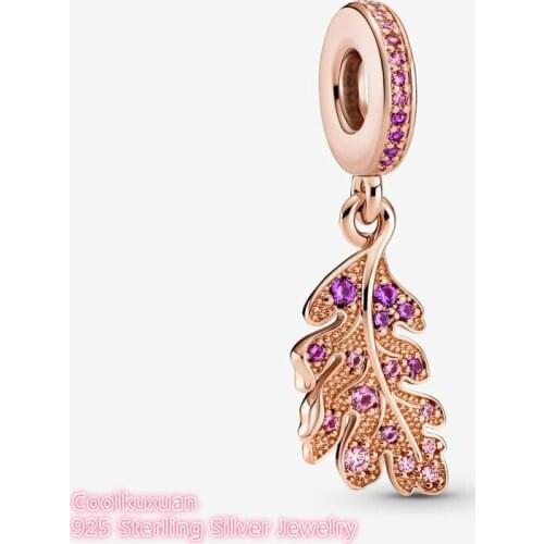 Original 925 Sterling Silver Rose gold Oak Leaf Dangle Charm beads Fits Pandora bracelets Jewelry Making 2021 Autumn