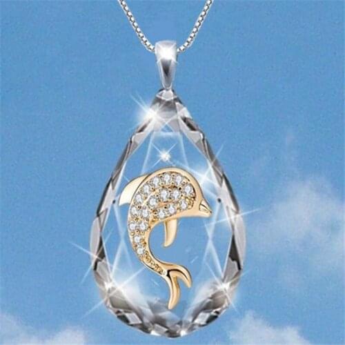 Drop-Shaped Crystal Glass Dolphin Pendant Necklace Womens Pendant Fashion Metal Animal Accessories Party Jewelry Gifts for Girl