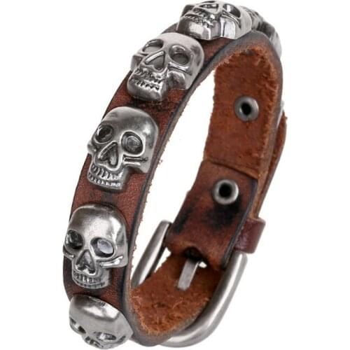 Punk Rock Gothic Skull Bracelet Cuff Men Alloy Skeleton Leather Charms Bangle Wrap Belt Wristband Vintage Hiphop Fashion Jewelry
