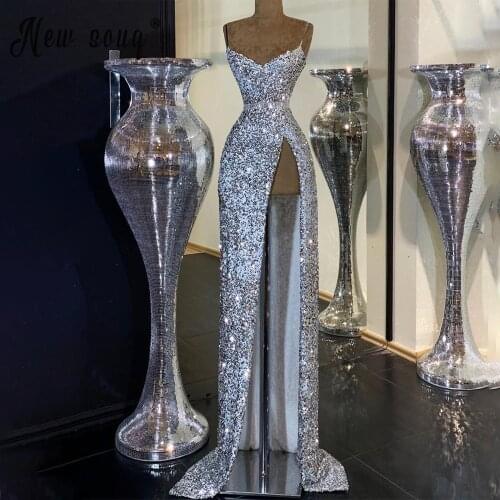 Sexy Sequins Slim Evening Dress Glitter Mermaid Evening Gowns With Split Side African Vestido De Novia Vestidos De Fiesta Custom