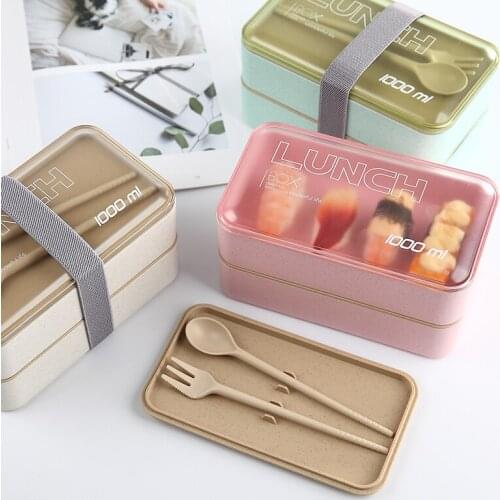 1000ml Protable Lunch Box Double Layer Wheat Straw Bento Boxes Microwave Dinnerware Food Storage Container Lunch Box