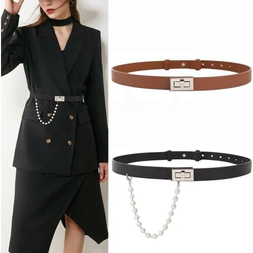 Pearl belts for women PU leather belt for jean dress coat girl HOT clasp pearls tassel waistband alloy buckle brown soft leather