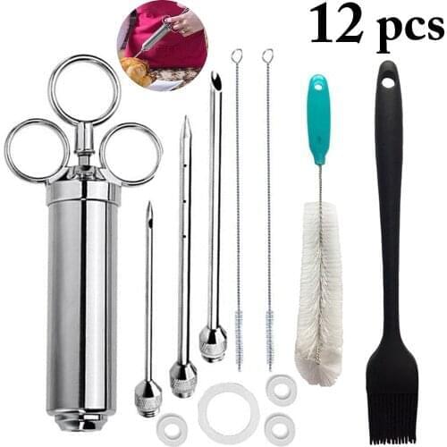 Meat Injector Syringe Poultry Marinade Flavor Stainless Steel Meat Spice Injector Marinade Injector BBQ Kit With 3 Needles
