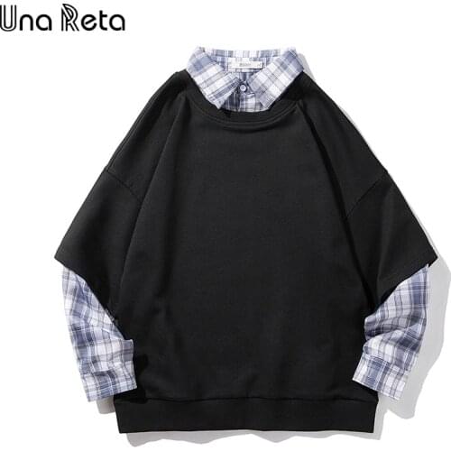 Una Reta Sweatshirt Men New Men Clothing Pullover Harajuku Tops Mens Hip hop Fake two pieces lattice stitching Sweatshirt Man