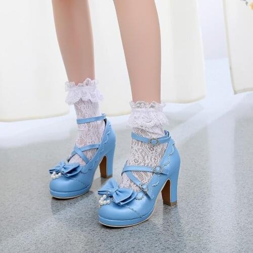 New Lovely Princess Lolita Shoes Bowknot Sweet Girl Cross Buckle Sling Back Lolita Round Head Women Shoes High Heel Cosplay Cute