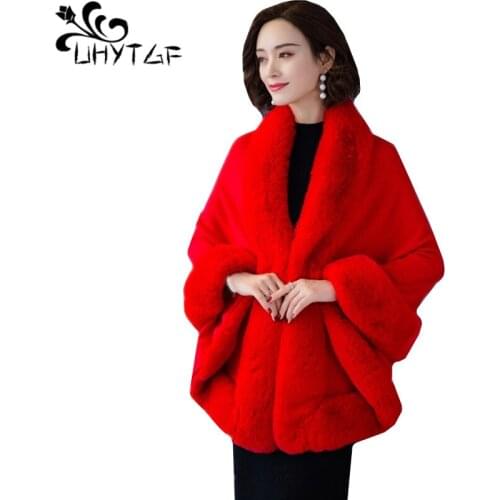 UHYTGF Fox fur collar autumn winter sweater shawl coat women knitted cape type elegant women coat fashion sleeveless sweater 761