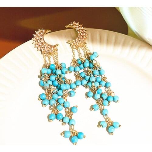 Vintage Drop Earrings Long Pearls Tassel Women Dangler серьги 2020 тренд Blue Retro Crystal Moon Pendent Eardrop for Female
