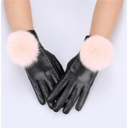 Hight Quality Womens Winter Genuine Sheepskin Leather Gloves With Fox Fur Pom Poms Fleece Lined Cute Mittens Ski Glove