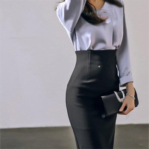 Korean Elegant Pencil Skirts Office Ladies High Waist Black Knee Length Skirts Solid Women Spring Fashion Zipper Pencil Skirt