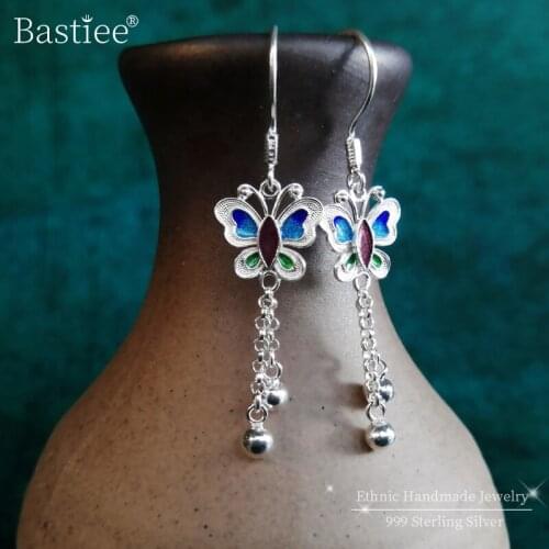 Bastiee 999 Sterling Silver Butterfly Drop Earrings For Women Tassels Earings Blue Cloisonne Enamel Handmade Luxury Jewelry