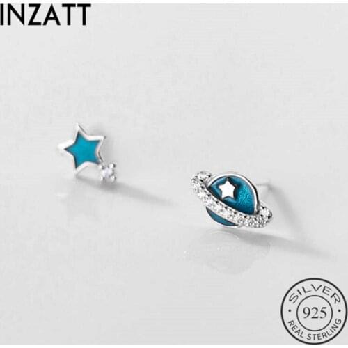 INZATT Real 925 Sterling Silver Zircon Planet Star Stud Earrings For Fashion Women Bohemian Fine Jewelry Asymmetry Accessories
