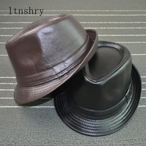 2019 Solid color Leather Mans hat Wide Brim Stetson Fedoras British Hats For Men/Women Gentman Black Fitted Jazz Hip-Pop Gorras