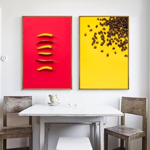Kitchen Decor Fruits and Vegetables Canvas Art Print Paintings Nordic Minimalist Posters Yellow Red Background Wall Art Pictures