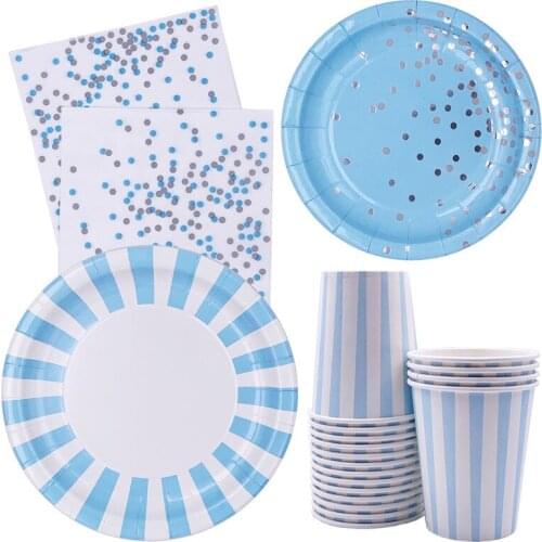 40pcs Disposable Tableware Set Paper Plate Napkins Cup Gold Blue Stripe For Wedding Birthday Decoration Party Supplies