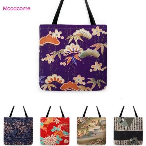 Purple Japan Style Mt Fuji Flower Leaves Red Carrying Bag Shopper Large Shoulder Bag Cotton Linen Waterproof Trendy Tote Bag