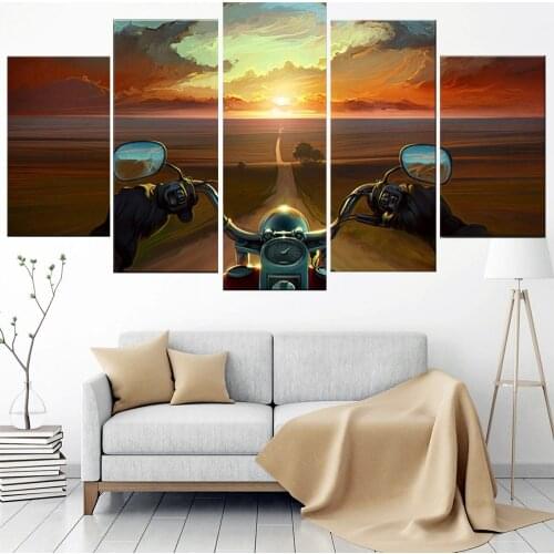 5 Pieces Wall Art Canvas Painting Motorcycle Poster Country Road Modern Modular Pictures Decorative Framework Living Room