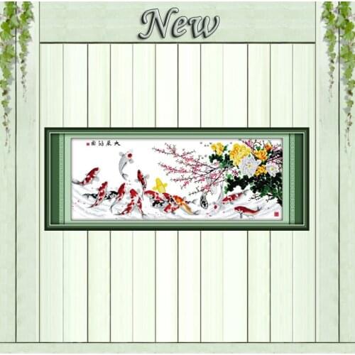 Fishes Good luck peony decor painting counted print on canvas DMC 14CT 11CT Chinese Cross Stitch Needlework Sets Embroidery kits