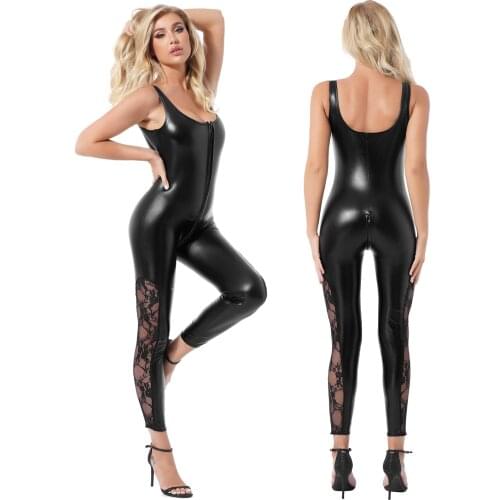 Women Pole Dancing Costumes Clubwear Wet Look PU Patent Leather Floral Lace Jumpsuit Sleeveless Zipper Bodysuit Stylish Catsuits